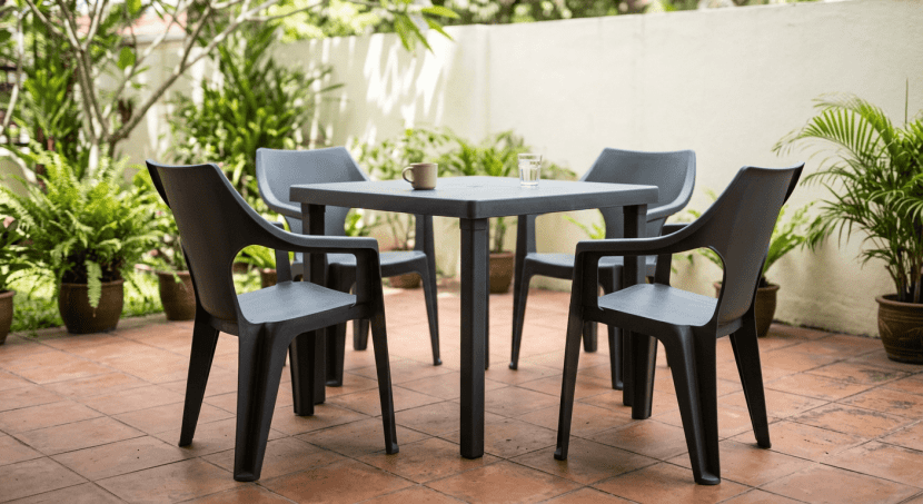 Dark grey plastic patio table and chairs, examples of plastic furniture from Malaysia.