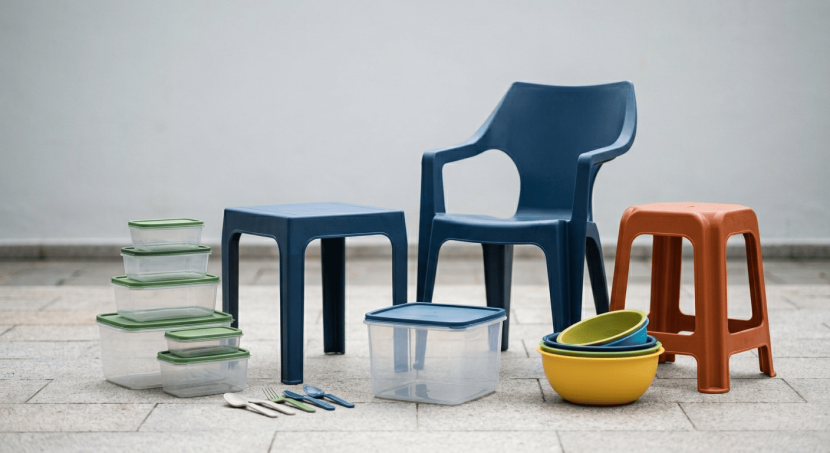 Assorted plasticware available in Malaysia, including outdoor furniture, stools, and storage containers.